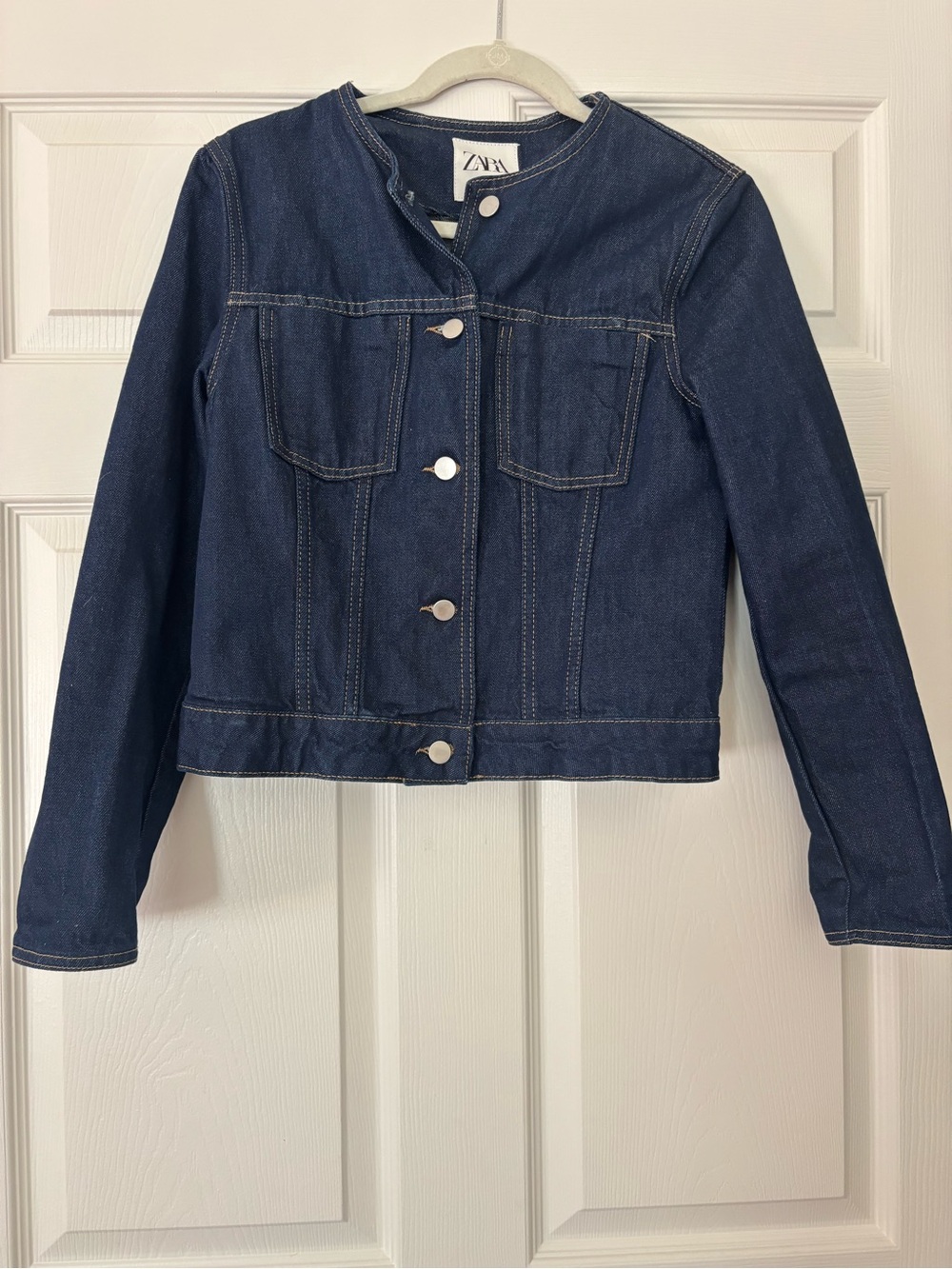 Zara Navy Collarless Denim Jacket